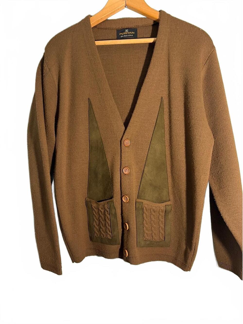 Vintage Puritan Brown Grandpa Cardigan/Faux Suede/Cable Knit Pockets